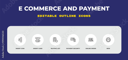 outline e commerce and payment icons set - insert coin, insert card, waiting list. editable vector for web and mobile ui