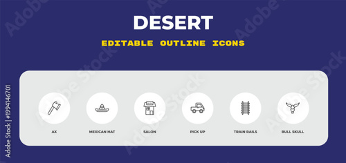 outline desert icons set - ax, mexican hat, salon. editable vector for web and mobile ui