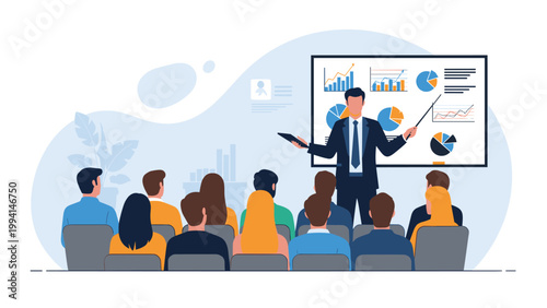 Professional businessman using a pointer to explain various data charts and infographics on a screen to an audience in a conference room.