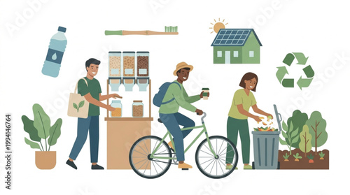 A vibrant illustration of eco-friendly people engaging in sustainable activities with green plants and recyclable materials