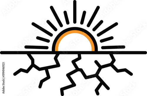 An outline icon illustration depicting dry cracked ground beneath a sun, symbolizing drought conditions, heatwaves, and environmental degradation.