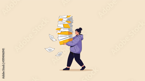 Overwhelmed office worker or student in a purple hoodie carries a massive and unstable stack of yellow and white documents and folders.
