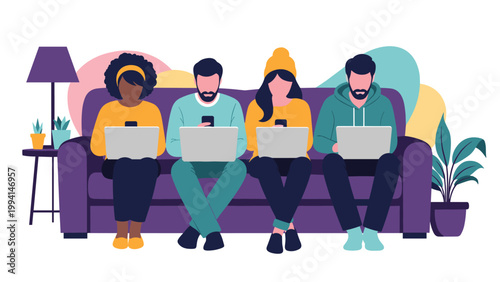 Four diverse friends sit together on a purple sofa while distracted by their own laptops and mobile devices in a modern living room setting.