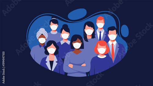 Group of diverse business professionals and individuals stand together while wearing protective face masks against a blue backdrop.