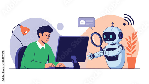 Small robot uses a magnifying glass to inspect a computer screen while a man works at the desk in a collaborative environment.