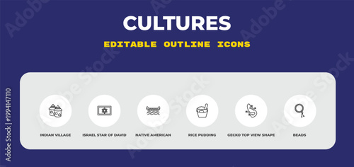 outline cultures icons set - indian village, israel star of david, native american canoe. editable vector for web and mobile ui