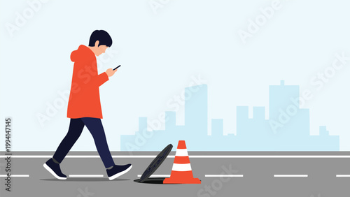 Distracted man looks at his smartphone and is about to step into an open manhole on a city street marked with bright orange safety cones.