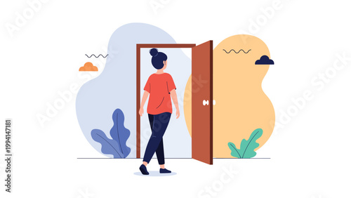 Young woman walks through an open door towards a bright and colorful abstract landscape symbolizing a new beginning or exit.