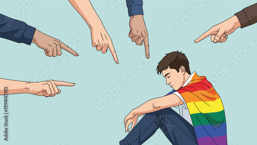 Man wrapped in a rainbow flag sits on the ground as several fingers point at him representing social judgment or discrimination issues.