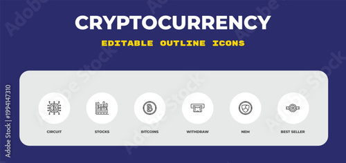 outline cryptocurrency icons set - circuit, stocks, bitcoins. editable vector for web and mobile ui