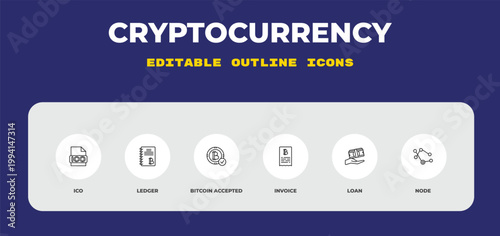 outline cryptocurrency icons set - ico, ledger, bitcoin accepted. editable vector for web and mobile ui