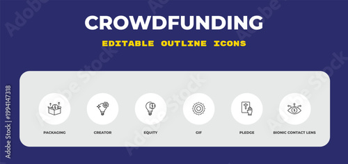 outline crowdfunding icons set - packaging, creator, equity. editable vector for web and mobile ui
