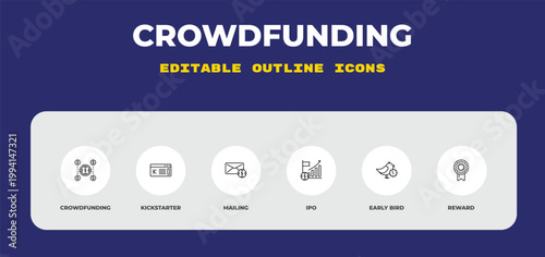 outline crowdfunding icons set - crowdfunding, kickstarter, mailing. editable vector for web and mobile ui