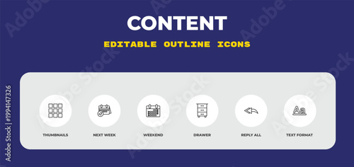 outline content icons set - thumbnails, next week, weekend. editable vector for web and mobile ui