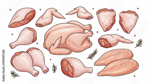 Assorted Raw Chicken Cuts and Pieces.