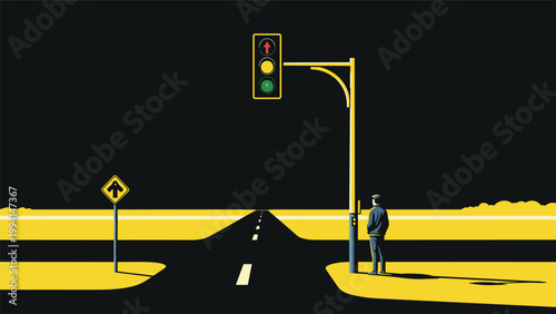 Lone pedestrian waiting at a crosswalk with a traffic light and a yellow sign on a dark road under a bright yellow sky.