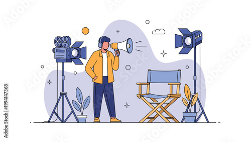 Film director wearing headphones and holding a megaphone on a movie set with professional lighting equipment and a camera.