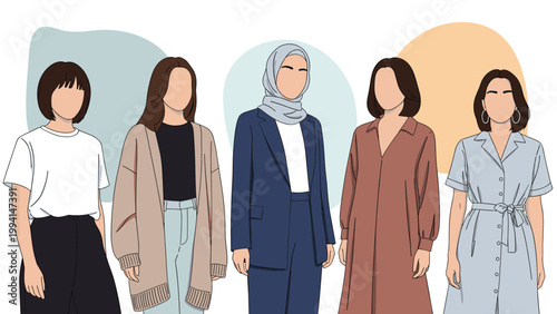 Five diverse women standing together wearing different styles of modern fashion and business attire against abstract shapes.