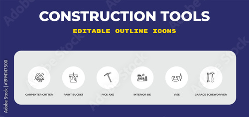 outline construction tools icons set - carpenter cutter, paint bucket, pick axe. editable vector for web and mobile ui