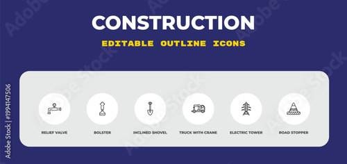 outline construction icons set - relief valve, bolster, inclined shovel. editable vector for web and mobile ui