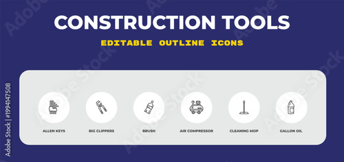 outline construction tools icons set - allen keys, big clippers, brush. editable vector for web and mobile ui