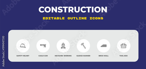 outline construction icons set - safety helmet, caulk gun, mechanic working. editable vector for web and mobile ui