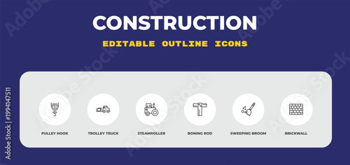 outline construction icons set - pulley hook, trolley truck, steamroller. editable vector for web and mobile ui