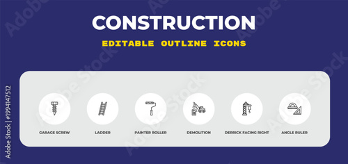 outline construction icons set - garage screw, ladder, painter roller. editable vector for web and mobile ui