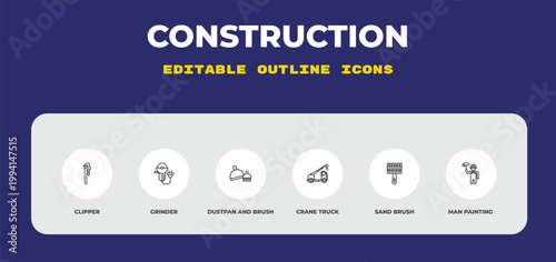 outline construction icons set - clipper, grinder, dustpan and brush. editable vector for web and mobile ui