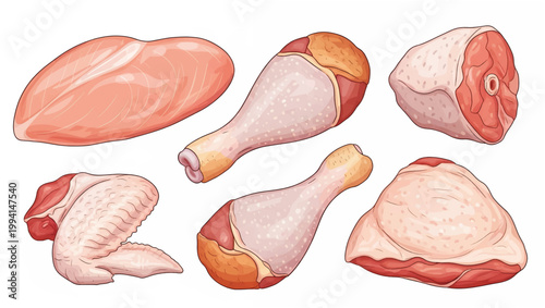 Raw Chicken Cuts on White Background 1.