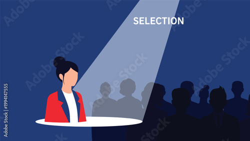 Female candidate highlighted by a spotlight among a crowd of silhouettes representing recruitment and selection process.