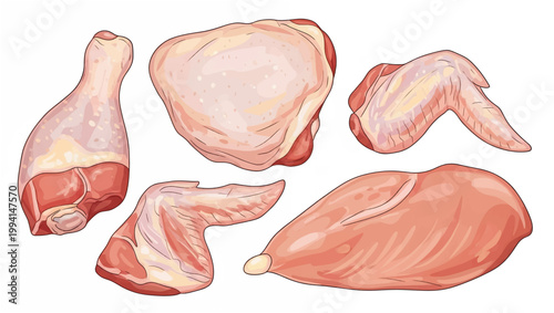 Raw Chicken Cuts on White Background.