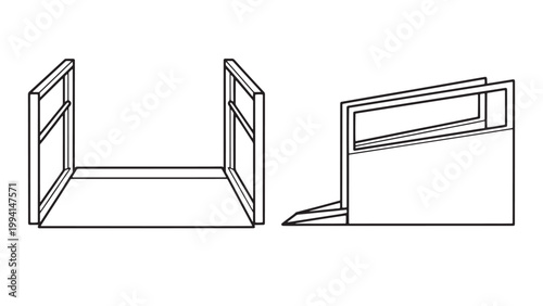 Line Art Illustration of a Modular Skate Ramp or Quarter Pipe Structure, Displayed in Two Isometric Views on a Clean White Background.