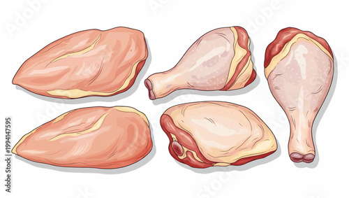 Raw Chicken Pieces on White Background 1.
