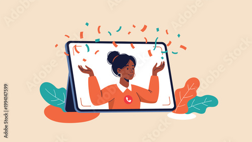 Happy woman on a tablet screen celebrating with confetti falling around her during a celebratory video call.