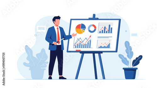 Businessman in a suit giving a presentation using a flip chart with colorful pie charts and line graphs in an office.