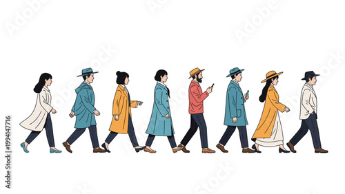 Line of diverse people walking in profile wearing different styles of coats and hats against a plain white background.