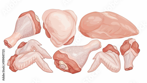 Raw Chicken Pieces on White Background.