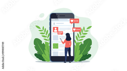 Woman standing in front of a giant smartphone screen interacting with a social media feed and messaging notifications.