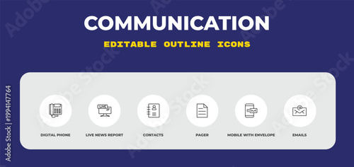 outline communication icons set - digital phone, live news report, contacts. editable vector for web and mobile ui