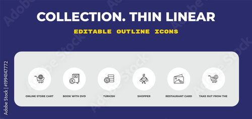 outline collection. thin linear icons set - online store cart, book with dvd, turkish. editable vector for web and mobile ui