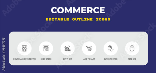 outline commerce icons set - hourglass countdown, shop store, buy a car. editable vector for web and mobile ui