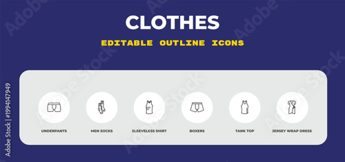 outline clothes icons set - underpants, men socks, sleeveless shirt. editable vector for web and mobile ui