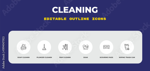 outline cleaning icons set - soap cleanin, plunger cleanin, sink cleanin. editable vector for web and mobile ui
