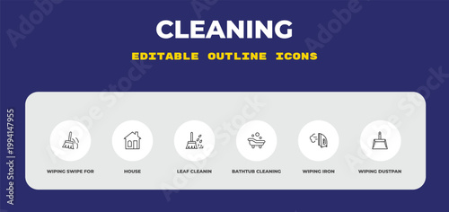 outline cleaning icons set - wiping swipe for floors, house, leaf cleanin. editable vector for web and mobile ui