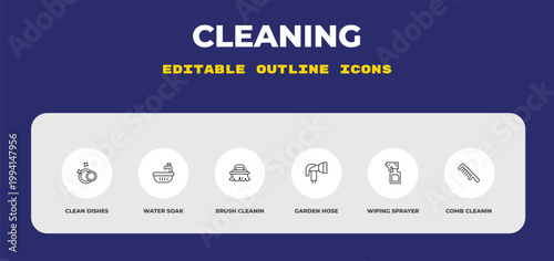 outline cleaning icons set - clean dishes, water soak, brush cleanin. editable vector for web and mobile ui