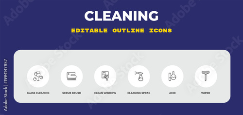 outline cleaning icons set - glass cleaning, scrub brush, clean window. editable vector for web and mobile ui