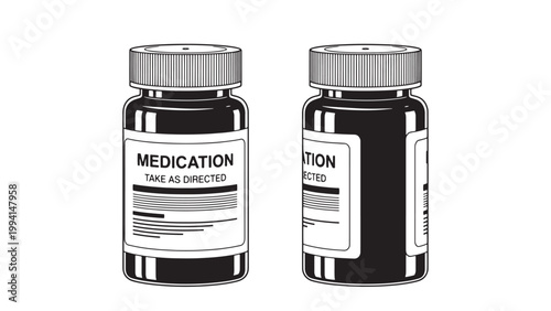 Black and white line art illustration of two prescription medication bottles, front and side views, symbolizing pharmacy, health, and medical treatment.