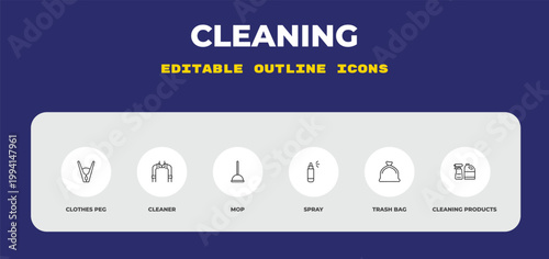 outline cleaning icons set - clothes peg, cleaner, mop. editable vector for web and mobile ui