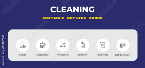 outline cleaning icons set - hoover, house cleanin, wiping brush. editable vector for web and mobile ui